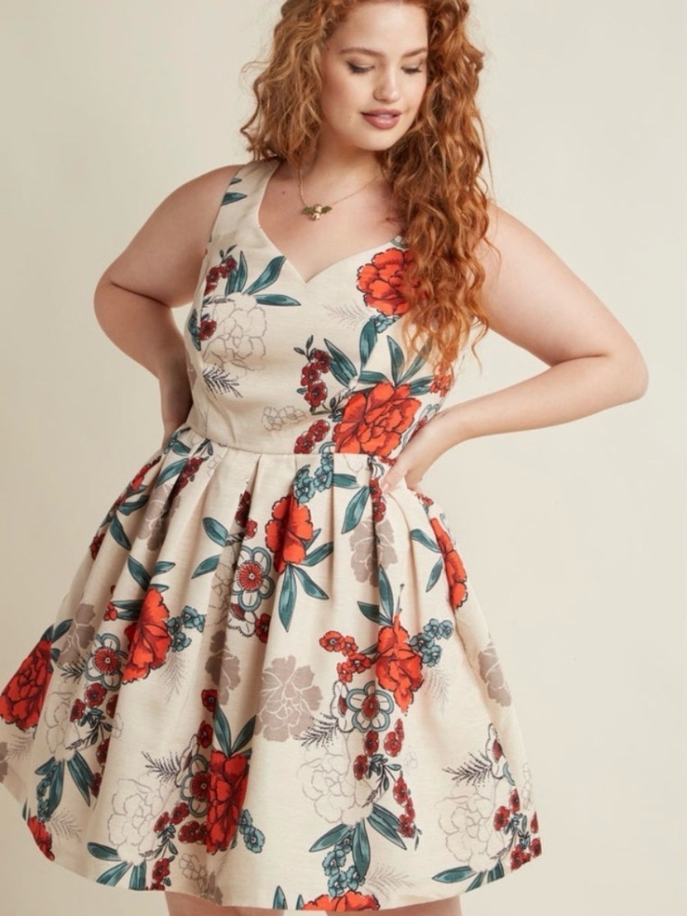 Modcloth Cream Dress with Red and Teal Floral Print